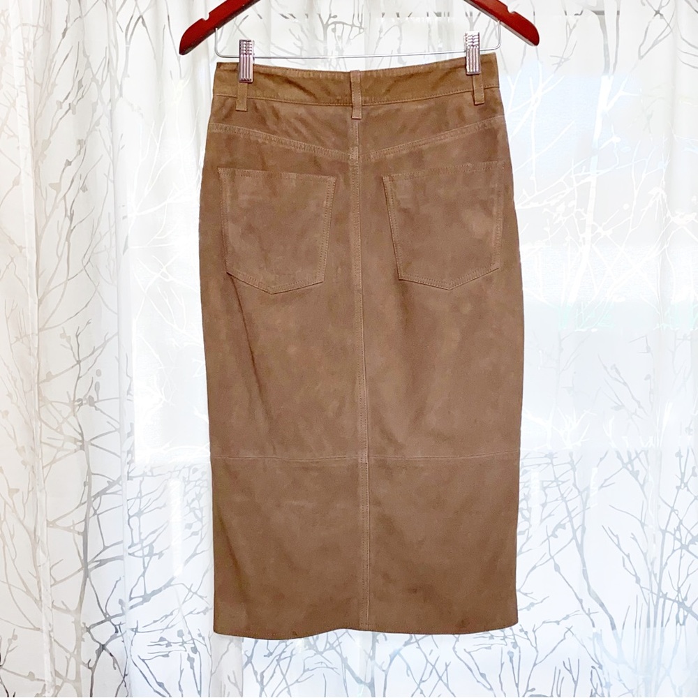 All Saints Arel brown tan suede silver front zipper zip up pockets midi skirt - Picture 5 of 16
